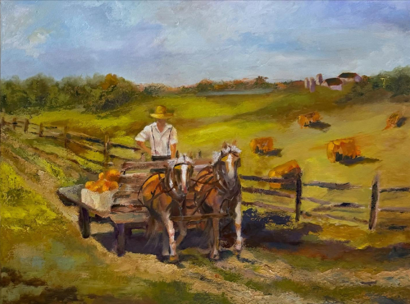 painting of farmer in the ruralscape horse drawn cart