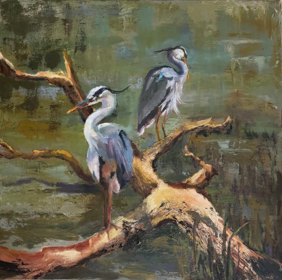 painting of cranes in nature waterside