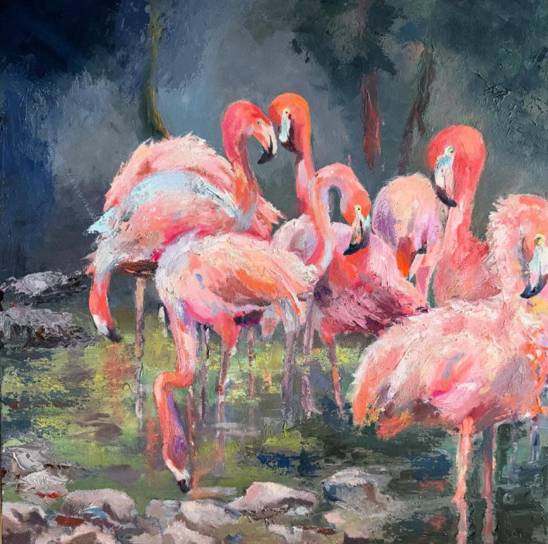 painting of flamingoes in nature waterside