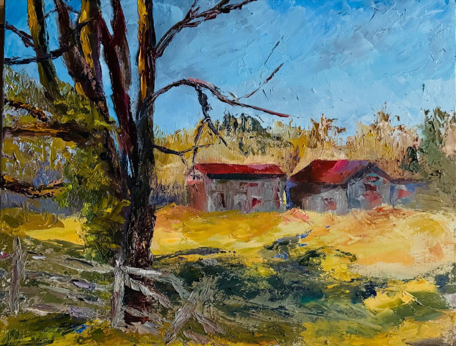 painting of red barns ruralscape