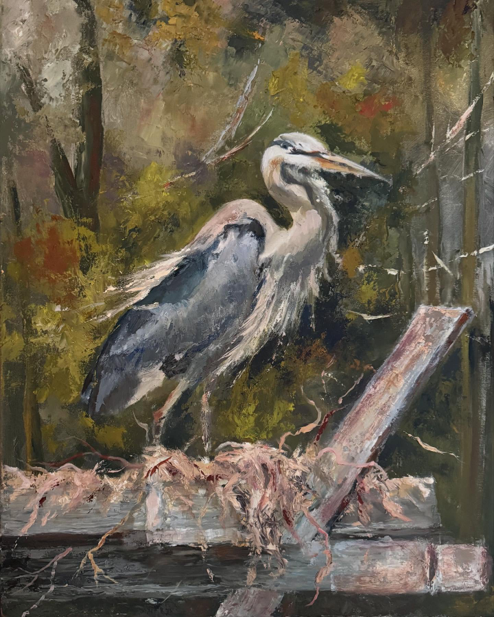 painting of crane in nest in motion